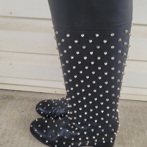 Christian Louboutin Studded Flat Boots Knee Black Shoes MENEBOOT IT 37 US 6.5-7 - Picture 3 of 14